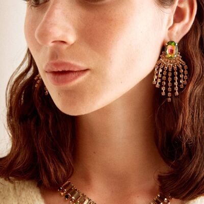 NINA EARRINGS WITH GOLD CRYSTAL FRINGES AND STONE