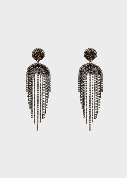 LONG GOLD EARRINGS WITH BLACK CRYSTAL FRINGES