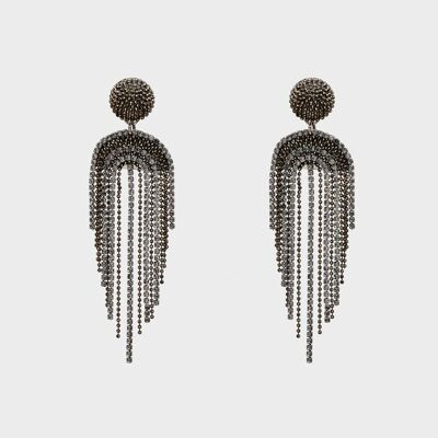 BOUCLES D'OREILLES LONGUES EN OR AVEC FRANGES EN CRISTAL NOIR