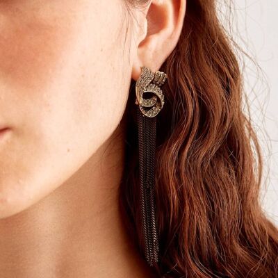 LONG GOLD CHAIN EARRINGS WITH BLACK CRYSTALS