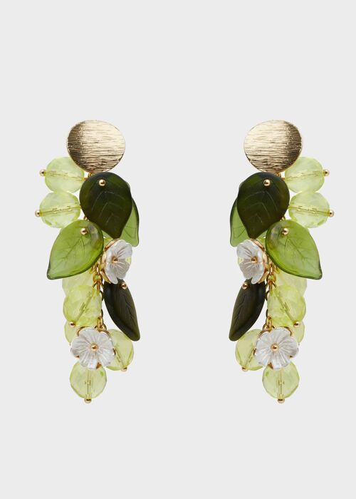 LONG EARRINGS W/ GREEN LEAVES AND WHITE FLOWERS