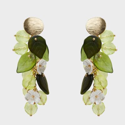 LONG EARRINGS W/ GREEN LEAVES AND WHITE FLOWERS