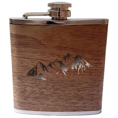 Hip flask made of stainless steel with real wood casing and mountain motif