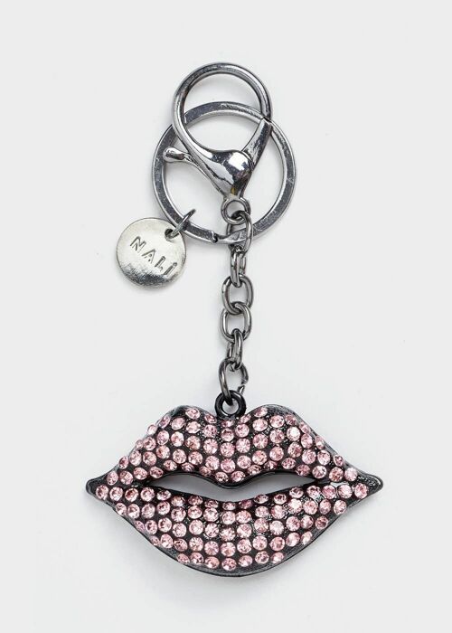 KISS KEYRING DARK GREY AND PINK CRYSTALS