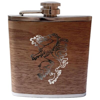 Hip flask made of stainless steel with real wood casing and motif with Styrian panther