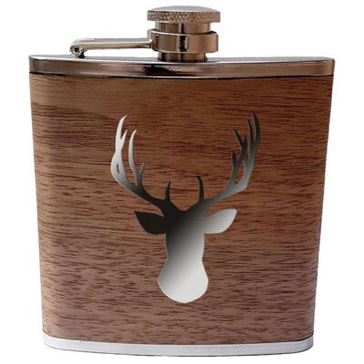 Hip flask made of stainless steel with real wood casing and deer motif