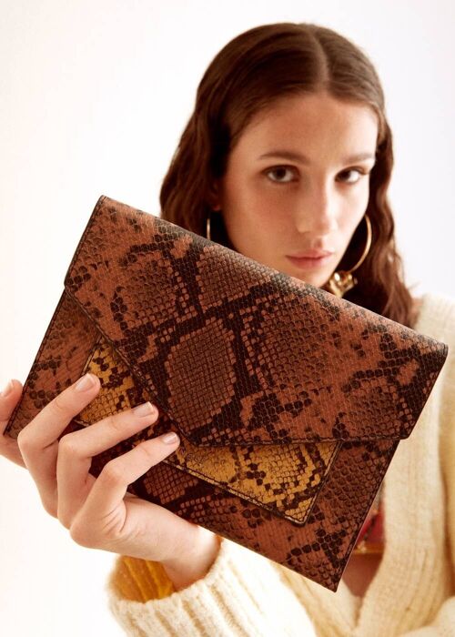 DOUBLE POCKET POUCH WITH BROWN ANIMALIER PRINT