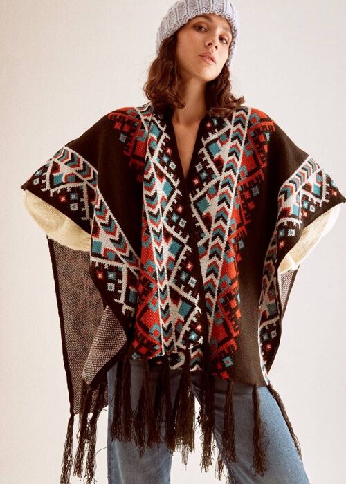 BLACK PONCHO WITH GREEK PATTERN AND FRINGES