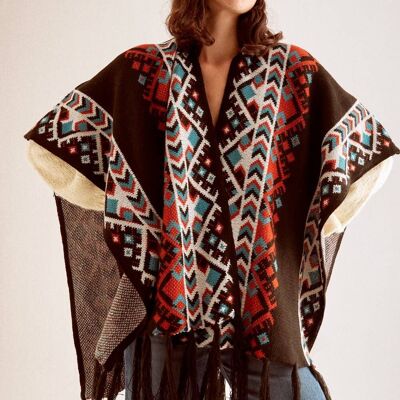 BLACK PONCHO WITH GREEK PATTERN AND FRINGES
