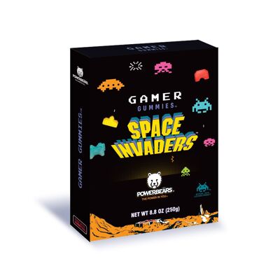 Caja de regalo de gomitas Powerbeärs Space Invaders™: 20 % de zumo de fruta, vitaminas y 6 sabores frutales