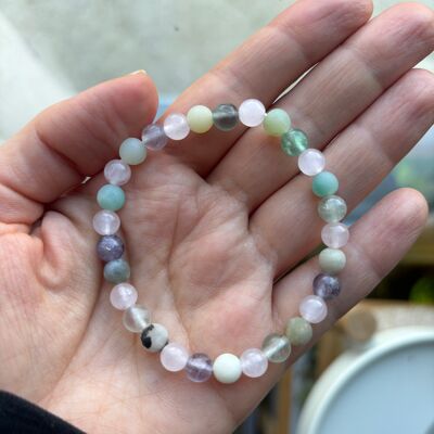 Elastic Lithotherapy Bracelet in Fluorine, Rose Quartz and Amazonite, Made in France