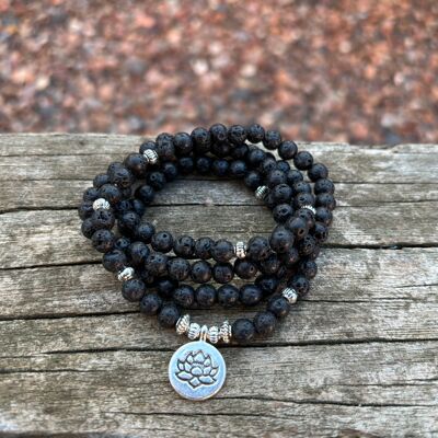 Tibetan Mala Bracelet in Lava Stone and Lotus Charm