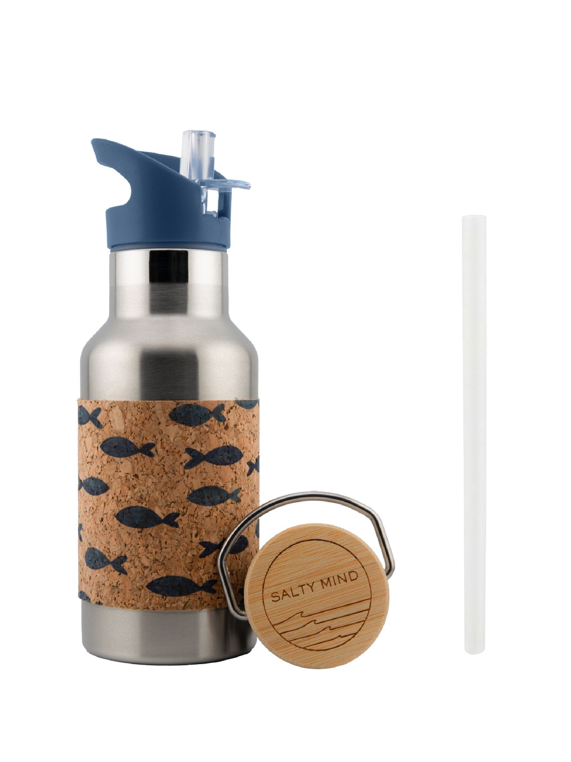 Borraccia per bambini in acciaio inossidabile isolata 350 ml - rivestimento in sughero - borraccia in acciaio inossidabile 350 ml + attacco per bere con motivo cannuccia/pesce