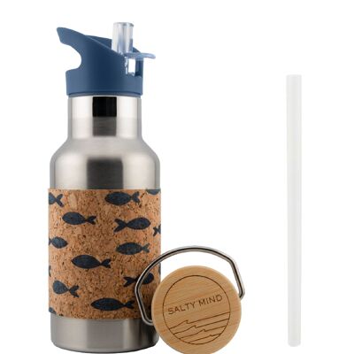 Children's drinking bottle made of stainless steel insulated 350 ml - cork coating - stainless steel drinking bottle 350 ml + drinking attachment with straw / fish pattern