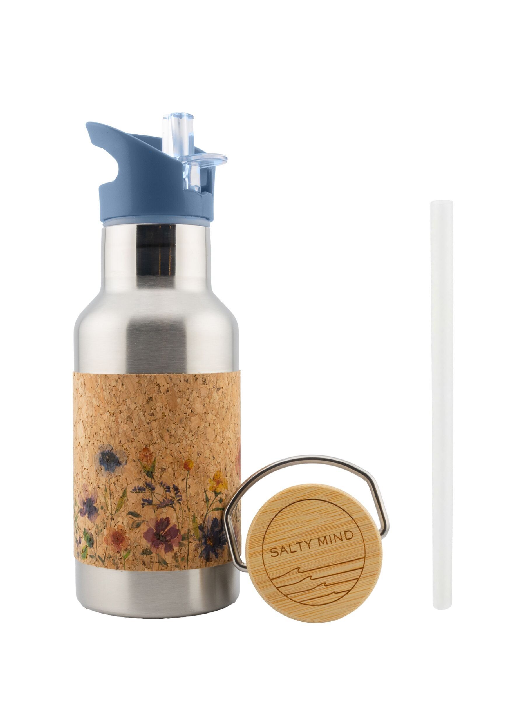 Borraccia per bambini in acciaio inox isolata 350 ml - rivestimento in sughero - borraccia in acciaio inox 350 ml + attacco per bere con cannuccia/motivo floreale