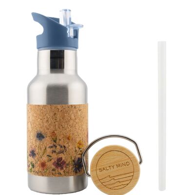 Children's drinking bottle made of stainless steel insulated 350 ml - cork coating - stainless steel drinking bottle 350 ml + drinking attachment with straw / flower pattern