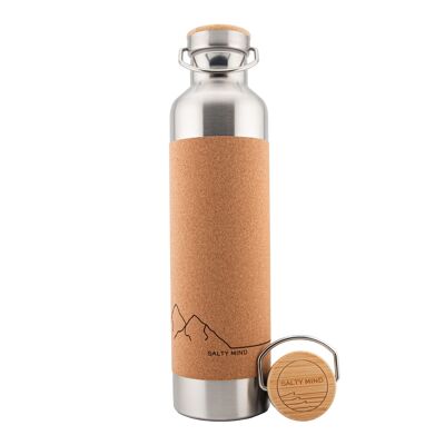 Botella de acero inoxidable con aislamiento de 1000 ml - revestimiento de corcho - termo sostenible - patrón Montaña