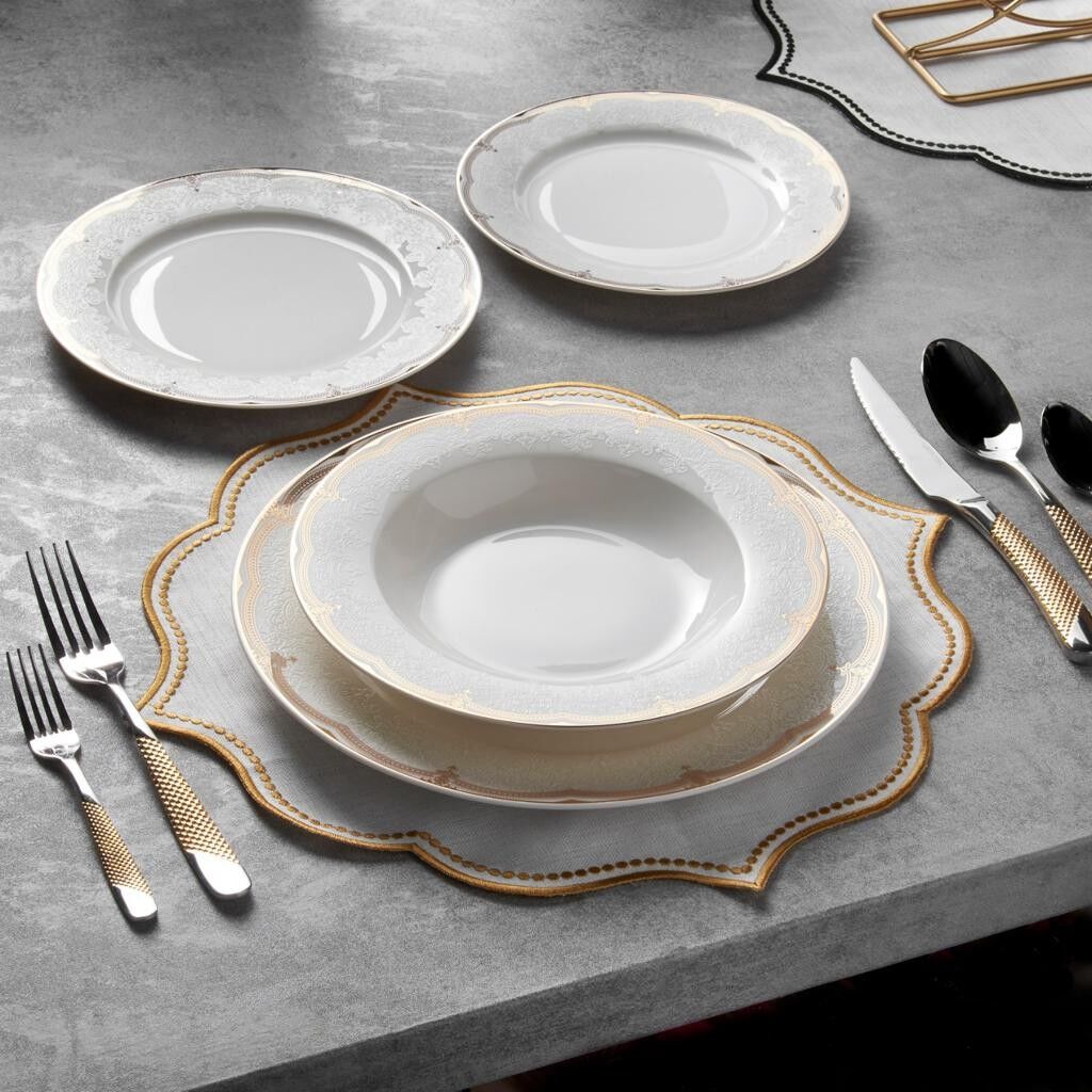 KONIGTUM Set di Stoviglie di Lusso in New Bone China da 24 Pezzi Bianco e Oro per 6 Persone | Piatti Piani, Piatti Fondi, Piatti Da Dessert, Piattini | Set di stoviglie per la cena | KOR-SS