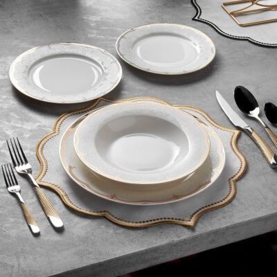 KONIGTUM Luxury White and Gold 24 Piece New Bone China Dinnerware Set for 6 People | Dinner Plates, Soup Plates, Dessert Plates, Small Plates | Crockery Dinner Service Set | KOR-SS