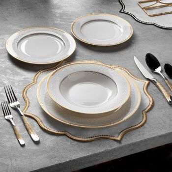 KONIGTUM Service de table de luxe en porcelaine tendre 24 pièces blanc et doré pour 6 personnes | Assiettes plates, assiettes creuses, assiettes à dessert, petites assiettes | Service de Table Vaisselle | KOR-DI 1