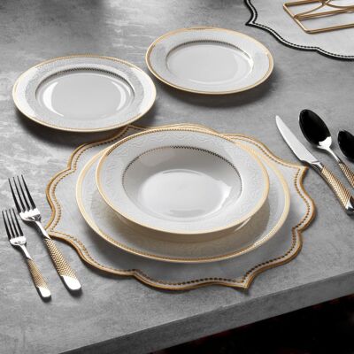 KONIGTUM Luxury White and Gold 24 Piece New Bone China Dinnerware Set for 6 People | Dinner Plates, Soup Plates, Dessert Plates, Small Plates | Crockery Dinner Service Set | KOR-DI