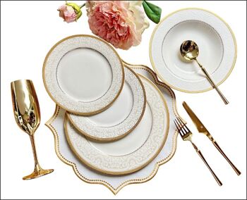 KONIGTUM Service de table de luxe en porcelaine tendre 24 pièces blanc et doré pour 6 personnes | Assiettes plates, assiettes creuses, assiettes à dessert, petites assiettes | Service de Table Vaisselle | KOR-DI 5