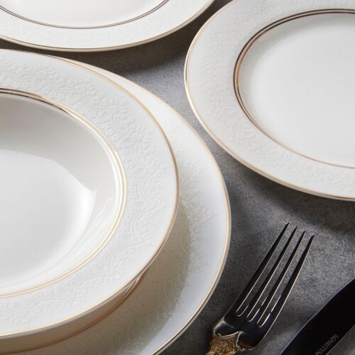 KONIGTUM Luxury White and Gold 24 Piece New Bone China Dinnerware Set for 6 People | Dinner Plates, Soup Plates, Dessert Plates, Small Plates | Crockery Dinner Service Set | KOR-PG