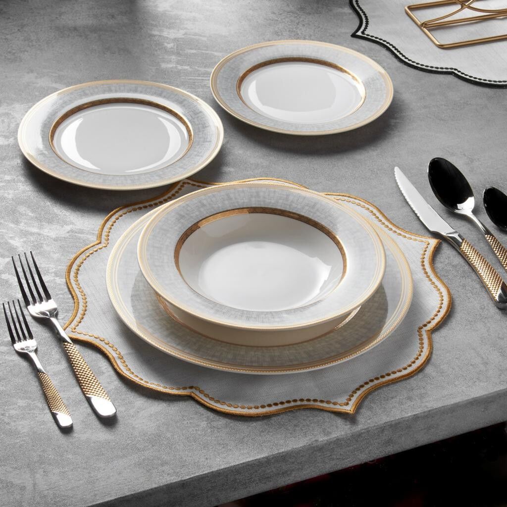 KONIGTUM Set di Stoviglie di Lusso in New Bone China da 24 Pezzi Bianco e Oro per 6 Persone | Piatti Piani, Piatti Fondi, Piatti Da Dessert, Piattini | Set di stoviglie per la cena | KOR-WP
