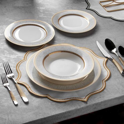 KONIGTUM Luxury White and Gold 24 Piece New Bone China Dinnerware Set for 6 People | Dinner Plates, Soup Plates, Dessert Plates, Small Plates | Crockery Dinner Service Set | KOR-WP