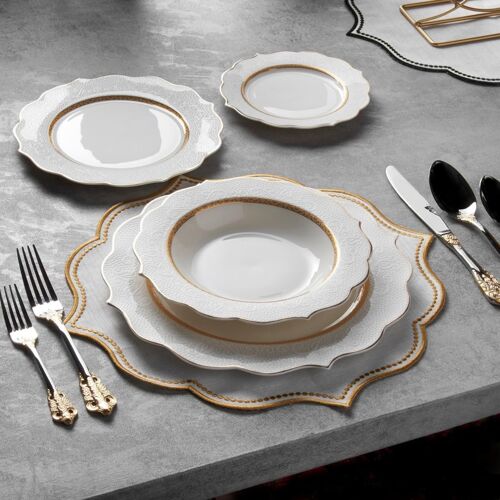 KONIGTUM Luxury White and Gold 24 Piece New Bone China Dinnerware Set for 6 People | Dinner Plates, Soup Plates, Dessert Plates, Small Plates | Crockery Dinner Service Set | KOV-MP