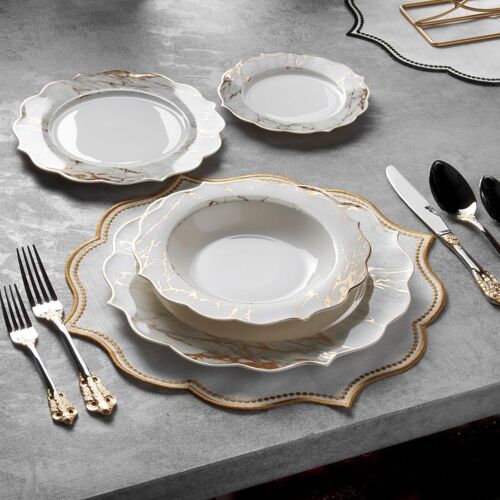 KONIGTUM Luxury White and Gold 24 Piece New Bone China Dinnerware Set for 6 People | Dinner Plates, Soup Plates, Dessert Plates, Small Plates | Crockery Dinner Service Set | KOV-MA