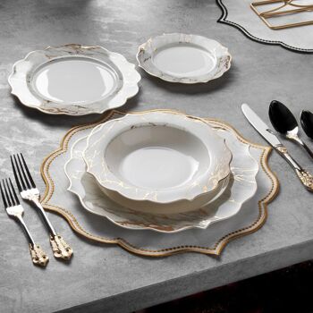 KONIGTUM Service de table de luxe en porcelaine tendre 24 pièces blanc et doré pour 6 personnes | Assiettes plates, assiettes creuses, assiettes à dessert, petites assiettes | Service de Table Vaisselle | KOV-MA 1