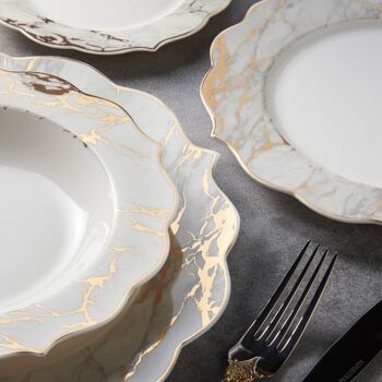 KONIGTUM Service de table de luxe en porcelaine tendre 24 pièces blanc et doré pour 6 personnes | Assiettes plates, assiettes creuses, assiettes à dessert, petites assiettes | Service de Table Vaisselle | KOV-MA 2