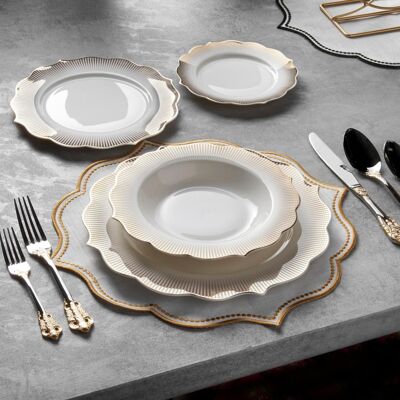 KONIGTUM Luxury White and Gold 24 Piece New Fine Bone China Dinnerware Set for 6 People | Dinner Plates, Soup Plates, Dessert Plates, Small Plates | Crockery Dinner Service Set | KOV-GD