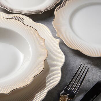 KONIGTUM Service de table de luxe en porcelaine fine blanc et doré 24 pièces pour 6 personnes | Assiettes plates, assiettes creuses, assiettes à dessert, petites assiettes | Service de Table Vaisselle | KOV-GD 2