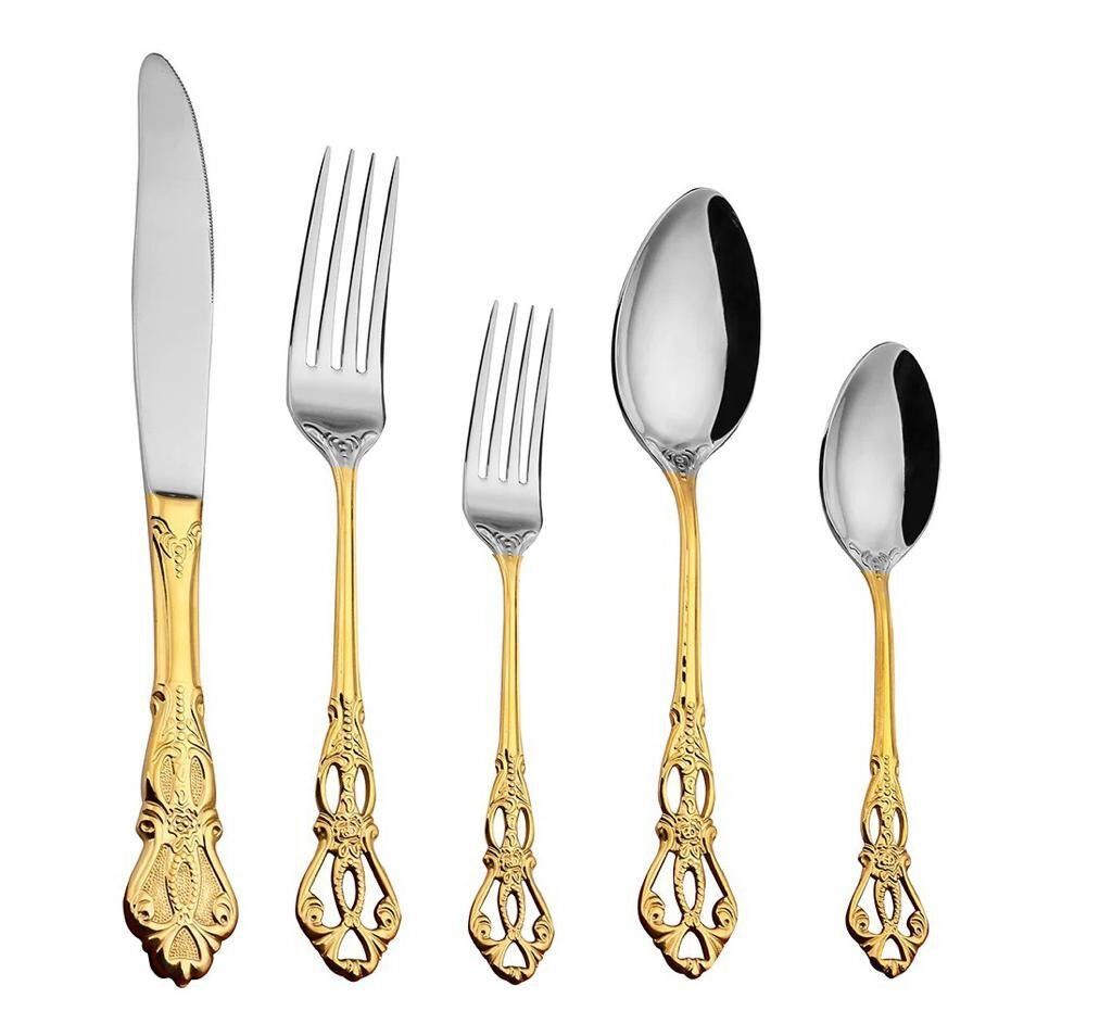 Set di posate di lusso in argento e oro da 30 pezzi, set di posate in lega di acciaio inossidabile 18/10 per cucina raffinata, set di stoviglie con forchetta, cucchiaio, coltello con forchetta da dessert extra e coltello da dessert di Konigtum KOC-5269GS