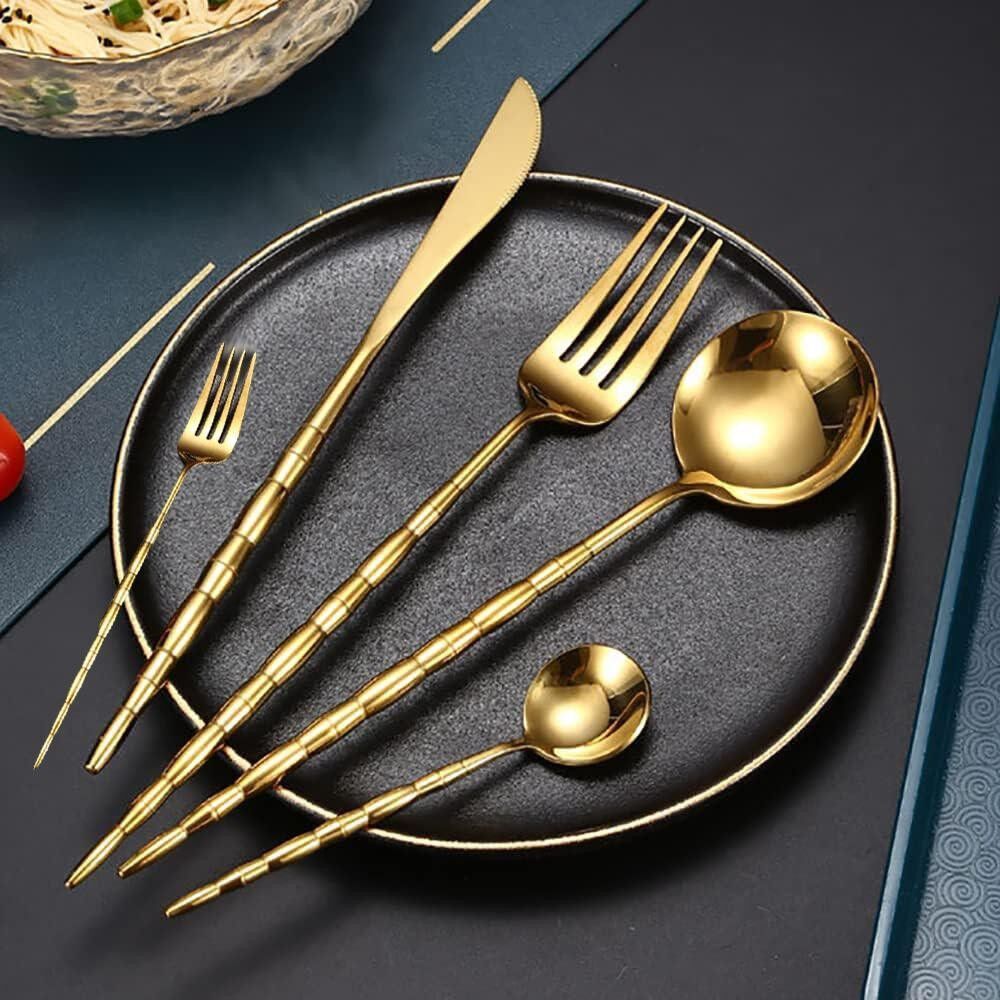 Set di posate di lusso in oro 30 pezzi, set di posate in lega di acciaio inossidabile 18/10 per cucina raffinata, set di stoviglie con forchetta, cucchiaio, coltello con forchetta da dessert extra e coltello da dessert di Konigtum KOC-5272G