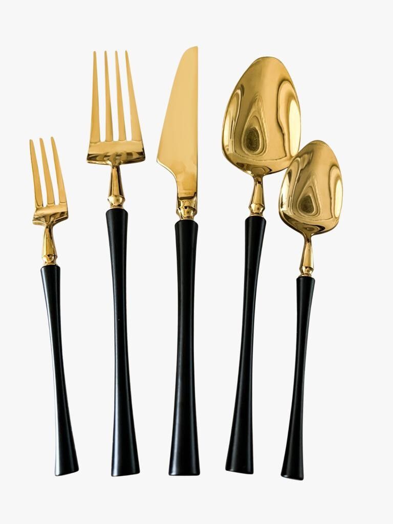 Set di posate di lusso in oro e nero 30 pezzi, set di posate in lega di acciaio inossidabile 18/10 per cucina raffinata, set di stoviglie con forchetta, cucchiaio, coltello con forchetta da dessert extra e coltello da dessert di Konigtum KOC-5274GS
