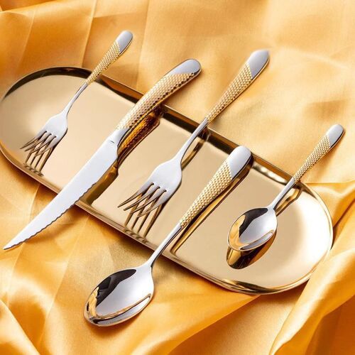 Luxury Gold and Silver Cutlery Set 30 pcs, 18/10 Stainless Steel Alloy Flatware Set For Fine Dining, Tableware Set with Fork, Spoon, Knife with Extra Dessert Fork and Dessert Knife by Konigtum KOC-5288-GST