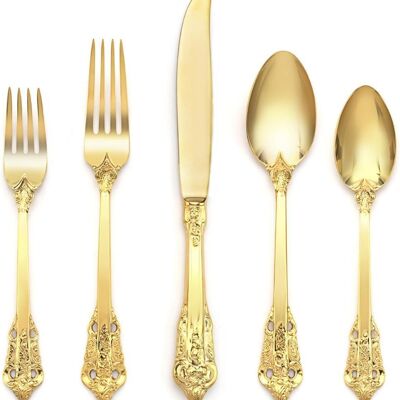 Luxury Gold Cutlery Set 30 pcs, 18/10 Stainless Steel Alloy Flatware Set For Fine Dining, Tableware Set with Fork, Spoon, Knife with Extra Dessert Fork and Dessert Knife by Konigtum KOC-5555G