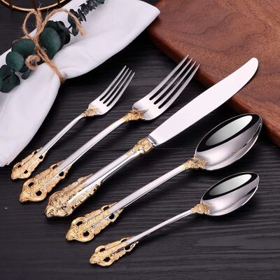 Luxury Silver and Gold Cutlery Set 30 pcs, 18/10 Stainless Steel Alloy Flatware Set For Fine Dining, Tableware Set with Fork, Spoon, Knife with Extra Dessert Fork and Dessert Knife by Konigtum KOC-5555GS