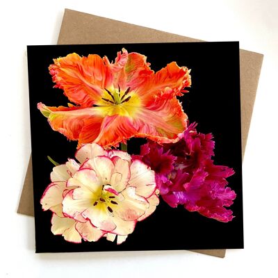 Carte de vœux florale - fleurs d’art sur carte de vœux noire - carte d’anniversaire florale