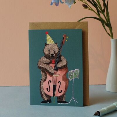 Greeting card birthday bear with double bass