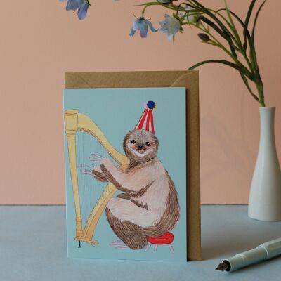 Greeting card birthday sloth with harp