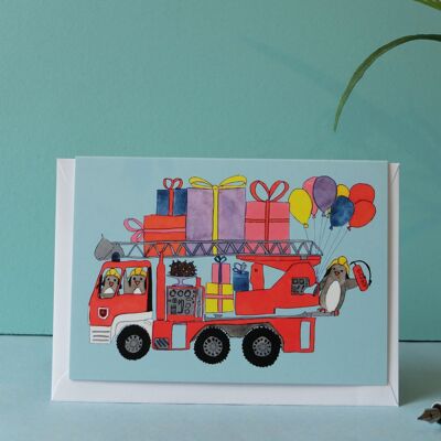 Greeting card birthday fire brigade with penguins