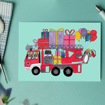 Postcard birthday fire brigade with penguins