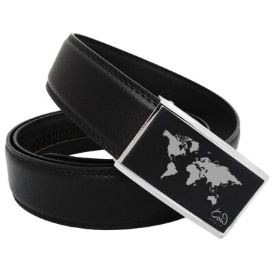 Men's black leather belt with automatic buckle and engraved world map