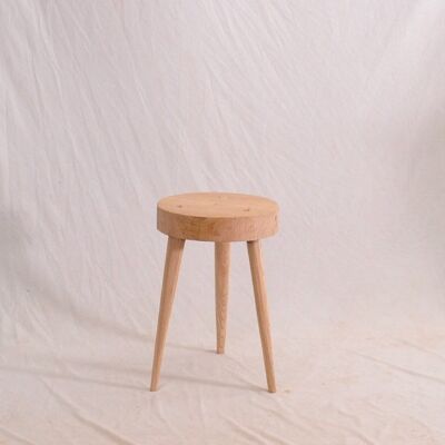 Round wooden stool with 3 conical legs in chestnut, end table, tripod