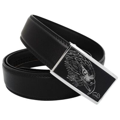 Men's black leather belt with automatic buckle and engraved eagle head