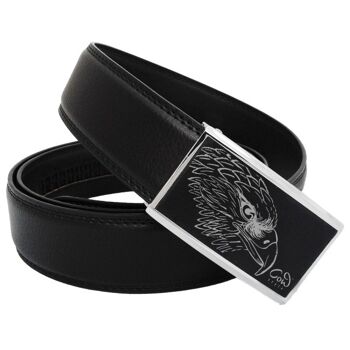 Ceinture homme en cuir noir avec boucle automatique et tête d'aigle gravée 1